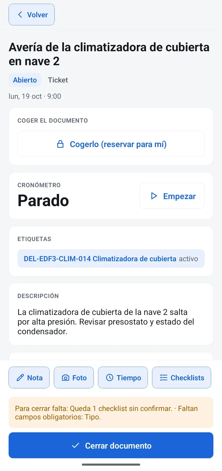 Ficha de una avería: cogerla, cronómetro, equipo, descripción y botones de nota, foto, tiempo y checklists