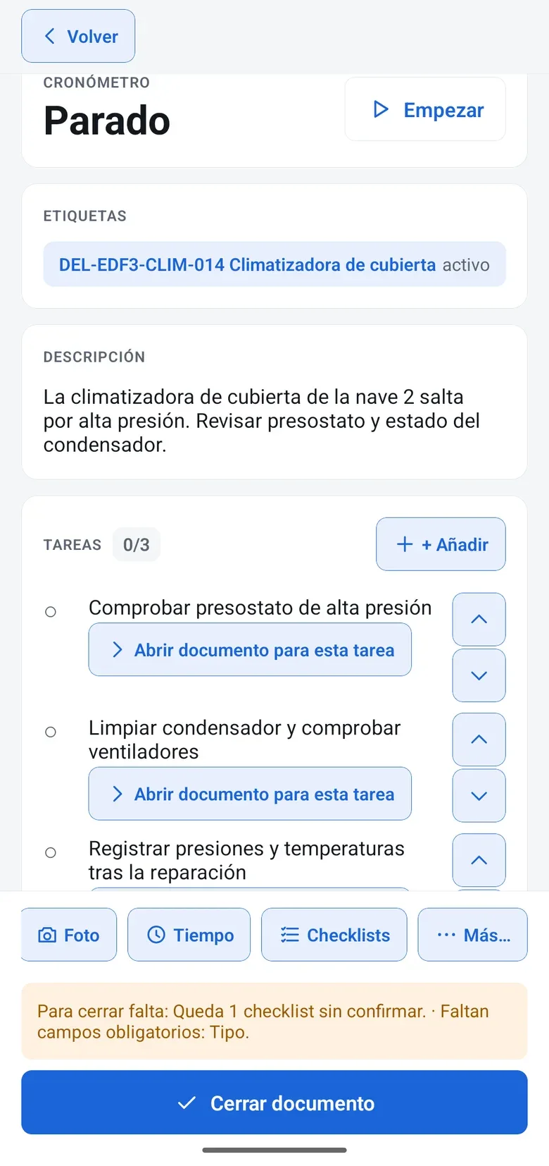 Tareas del trabajo para marcar una a una, con lo que falta para poder cerrar