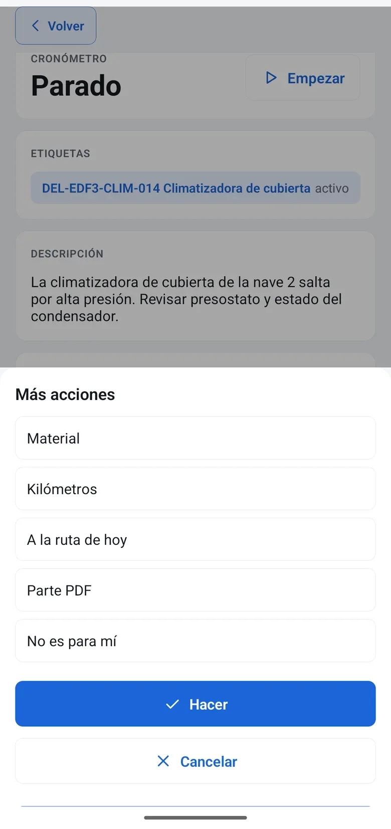 Más acciones: material, kilómetros, a la ruta de hoy y parte en PDF