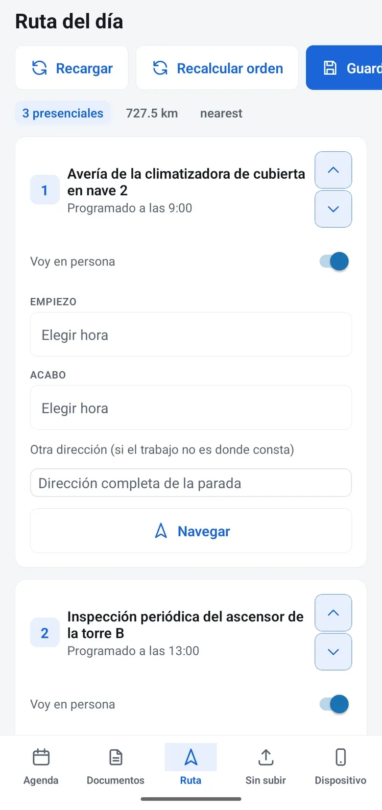 Ruta del día con las paradas en orden, los kilómetros y el botón Navegar