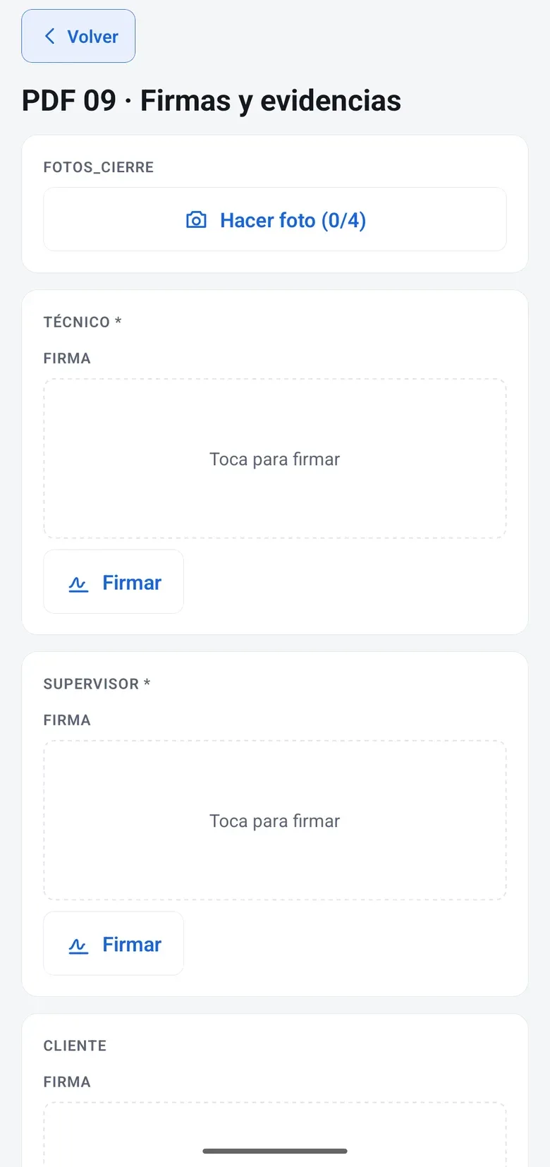 Hoja de comprobación con fotos de cierre y las firmas del técnico, el supervisor y el cliente