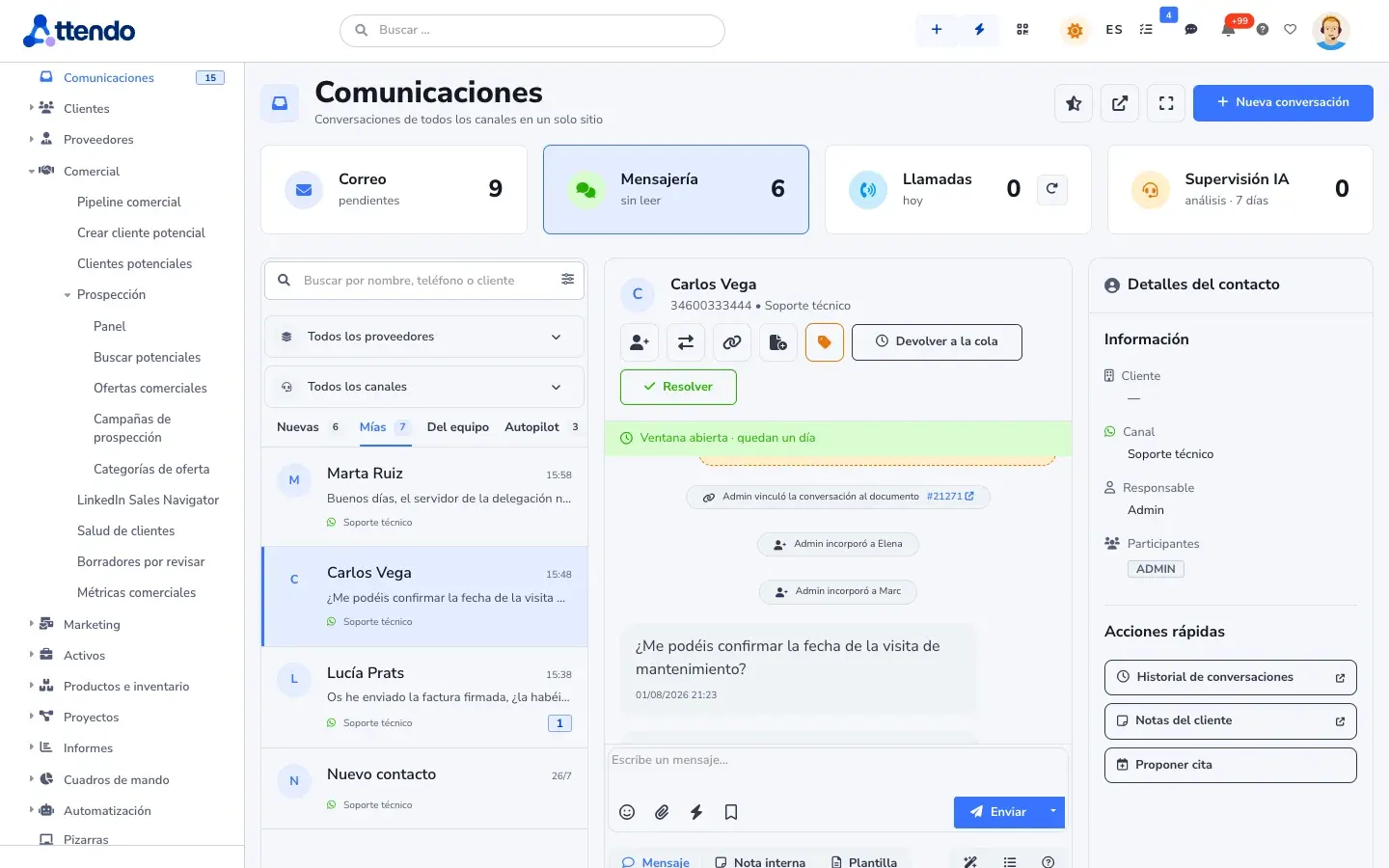 Conversación de WhatsApp en la bandeja de attendo, vinculada a un documento, con su responsable, los datos del contacto y acciones rápidas