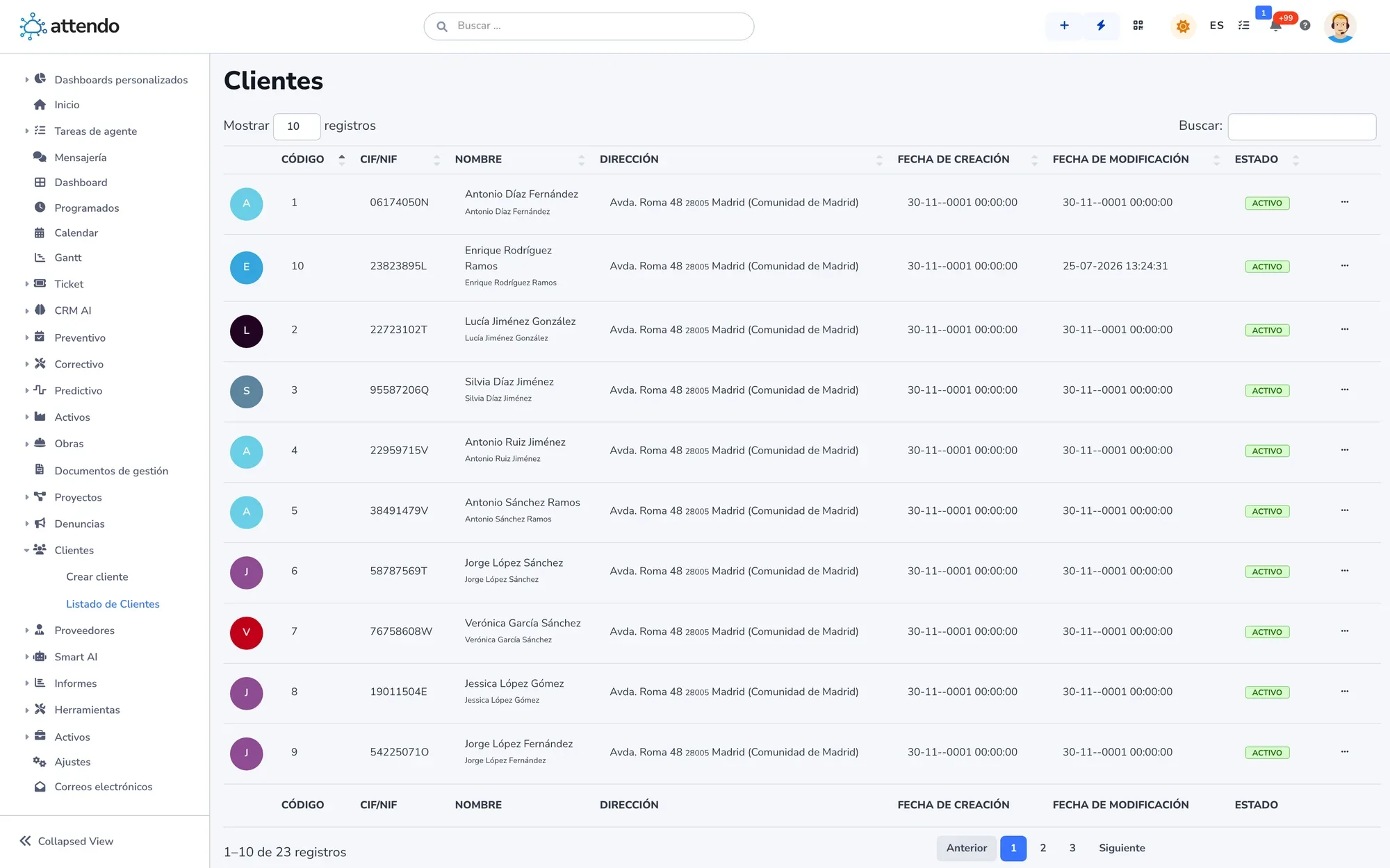 Customer list with code, tax ID, address, created and modified dates and status