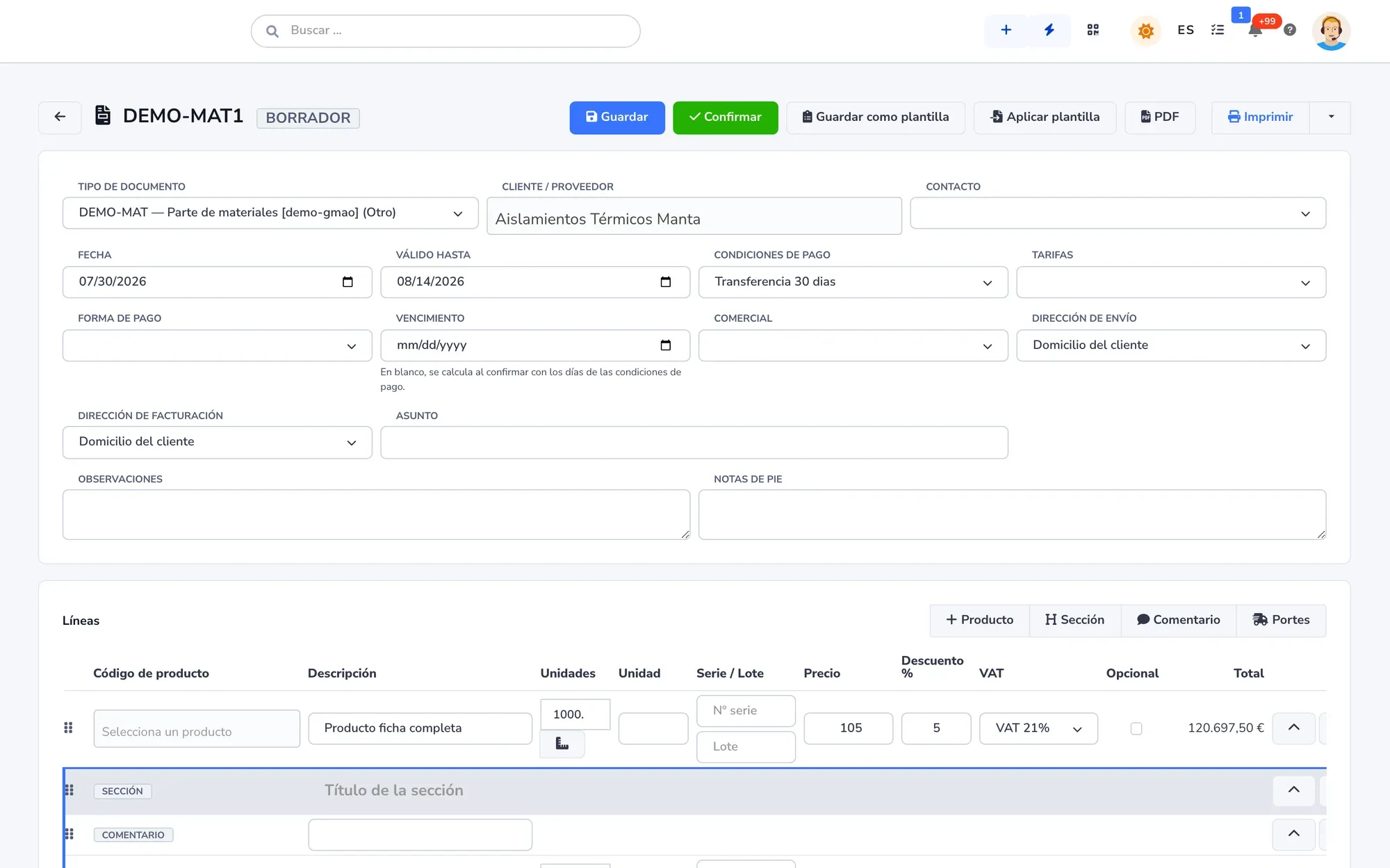 Quote record with its lines, payment terms and status