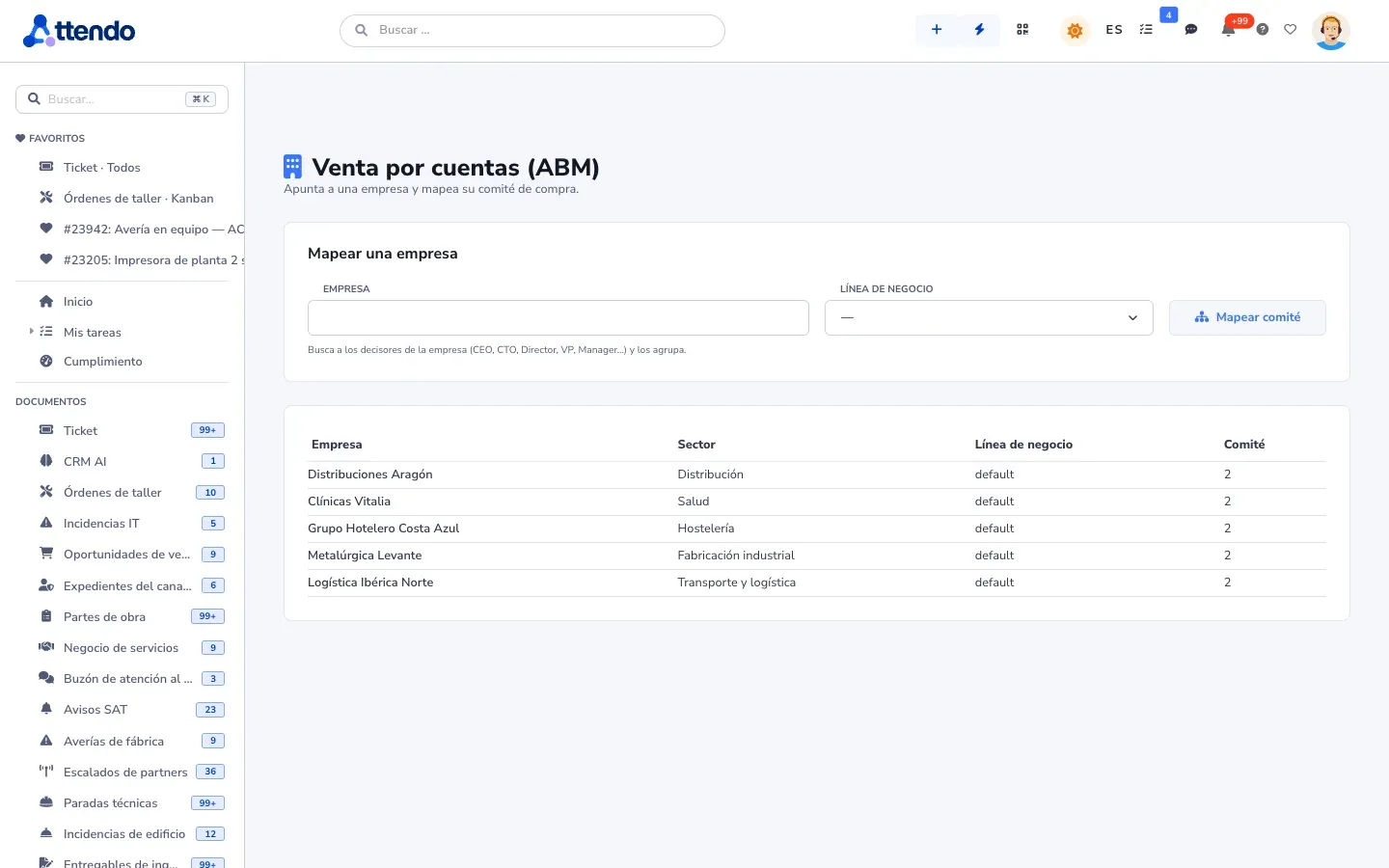 Venta por cuentas: empresas objetivo con su sector y los decisores de su comité de compra