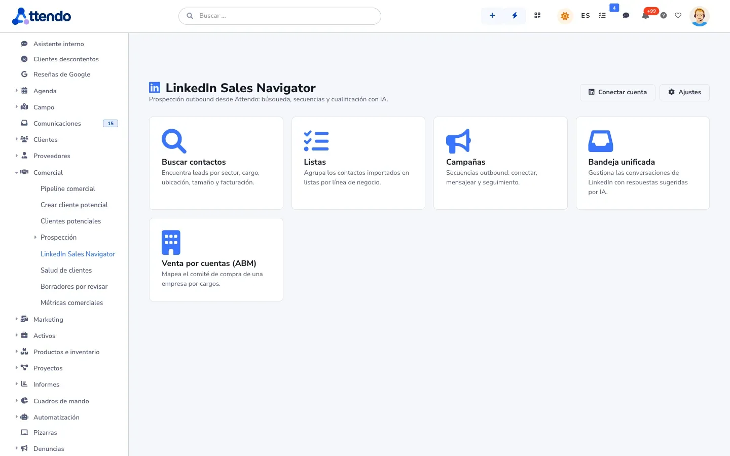 LinkedIn Sales Navigator en attendo: buscar contactos, listas, campañas, bandeja unificada y venta por cuentas