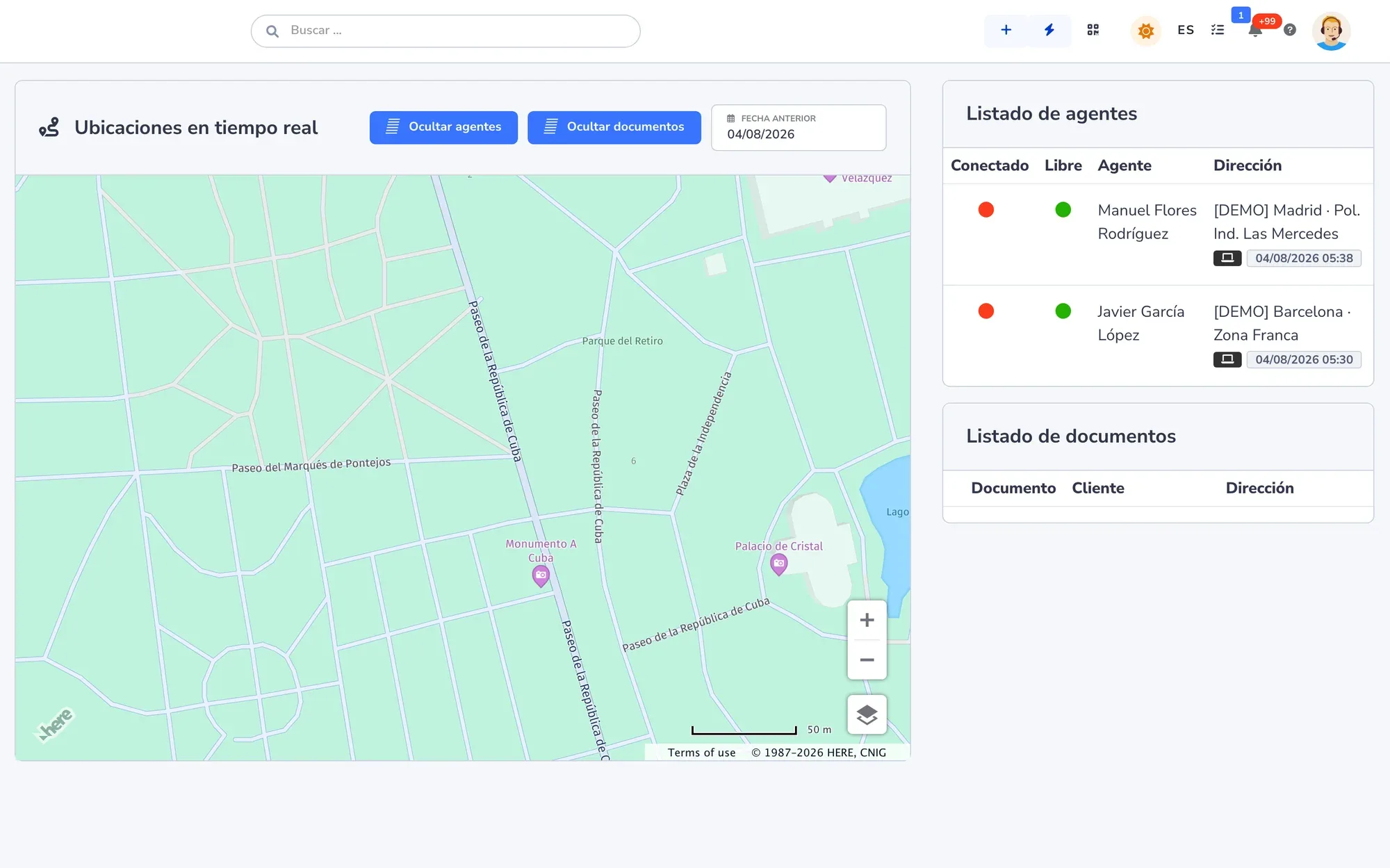 Mapa de ubicaciones en tiempo real con el listado de técnicos, su estado de conexión, si están libres y su última dirección.