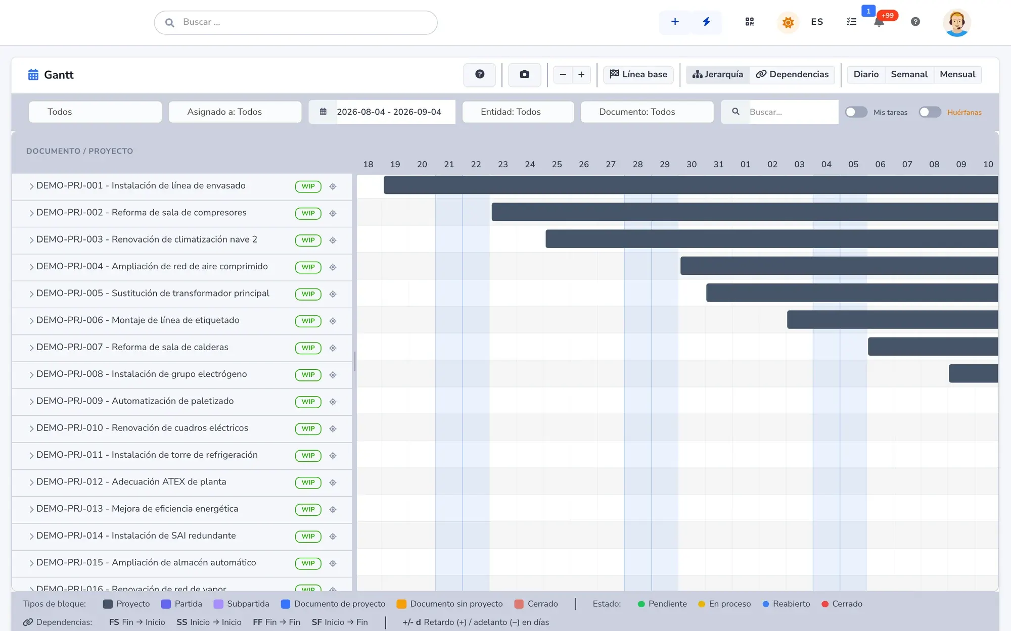 Planificación en diagrama de Gantt de instalaciones y obras, con su línea base