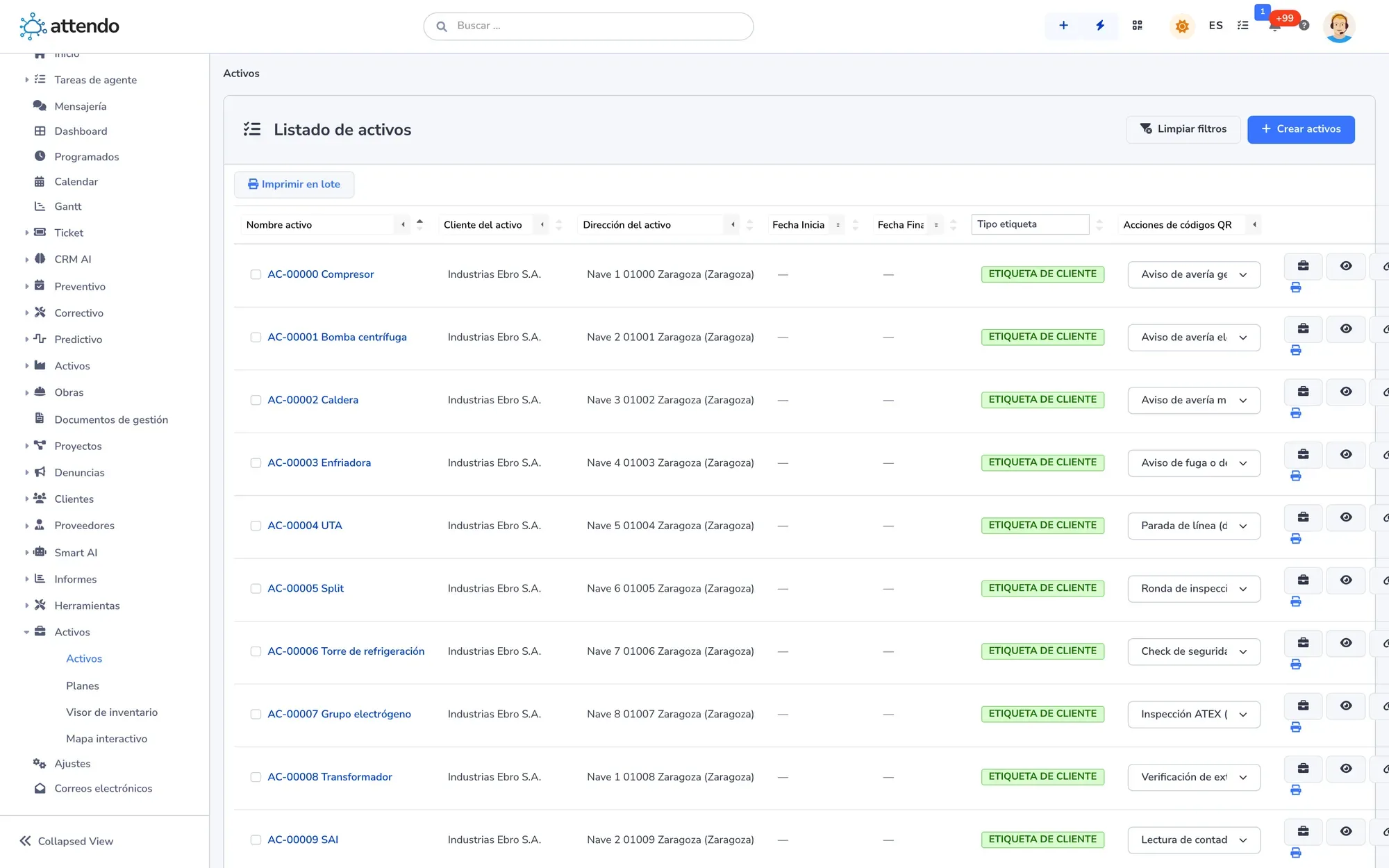 Asset list with each asset’s customer, address, label type and the form its QR code opens: breakdown report, inspection round or safety check.