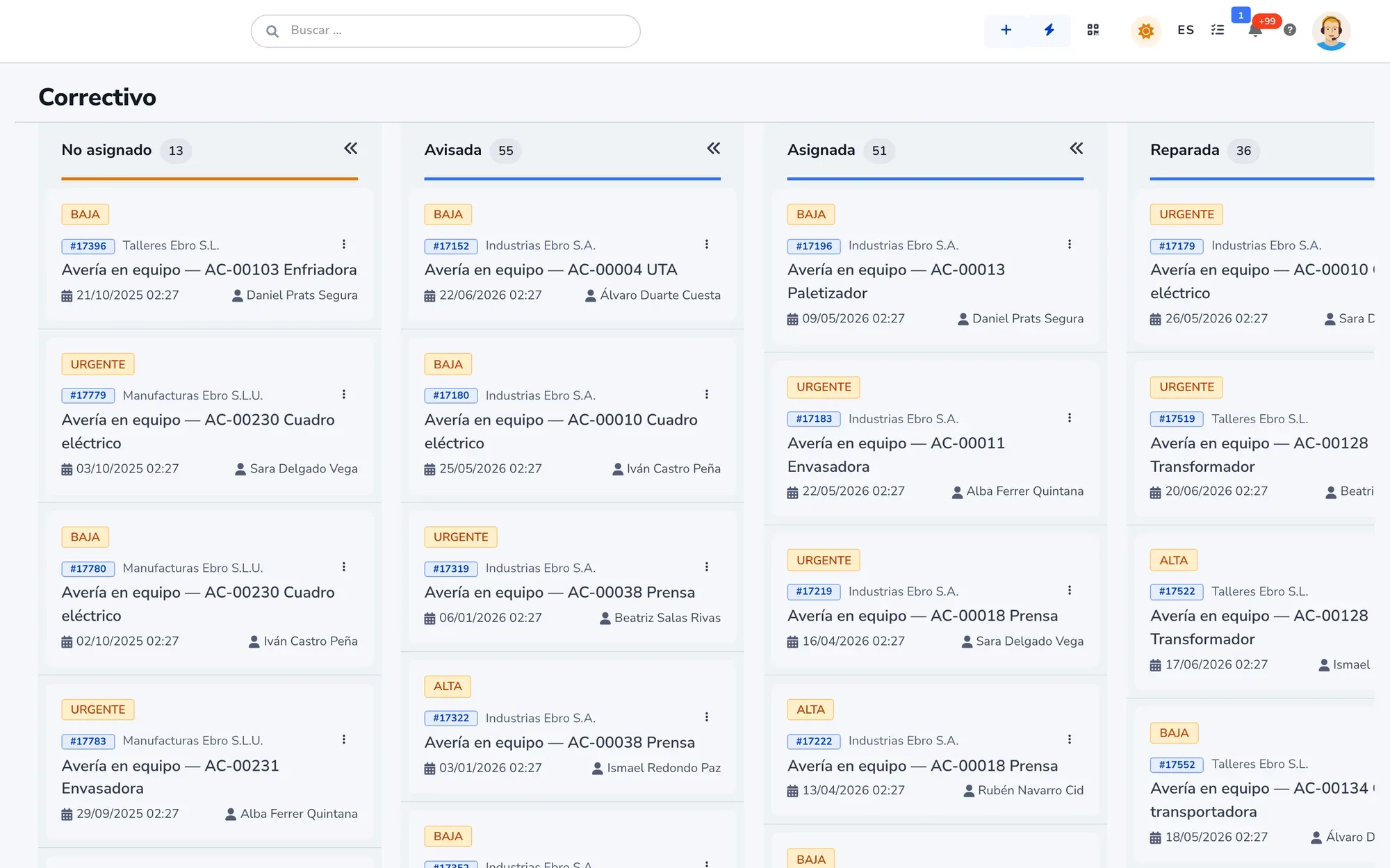 Kanban board of corrective work orders by status: unassigned, assigned, in progress and repaired.