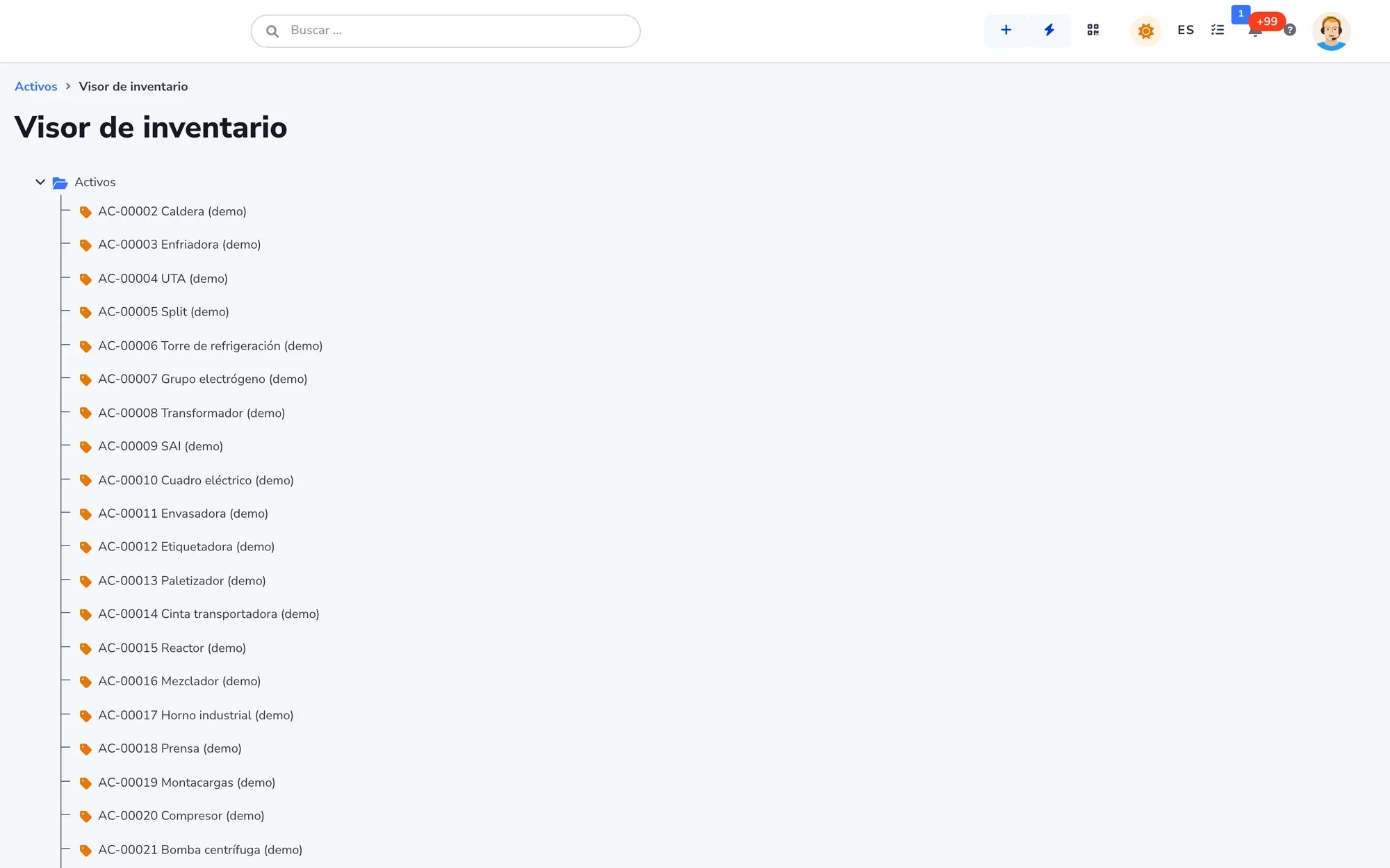 Inventory viewer with the asset tree by family and location