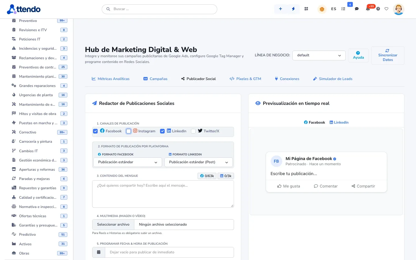 Publicador de redes sociales: canales, formato por red, mensaje, imagen y fecha de publicación, con la vista previa
