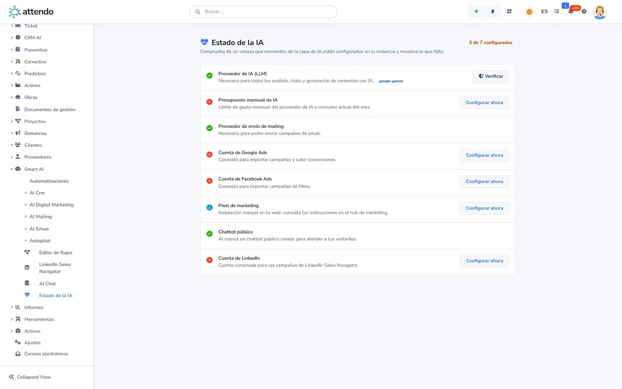 AI Status screen with the provider, the monthly budget and every configured connection