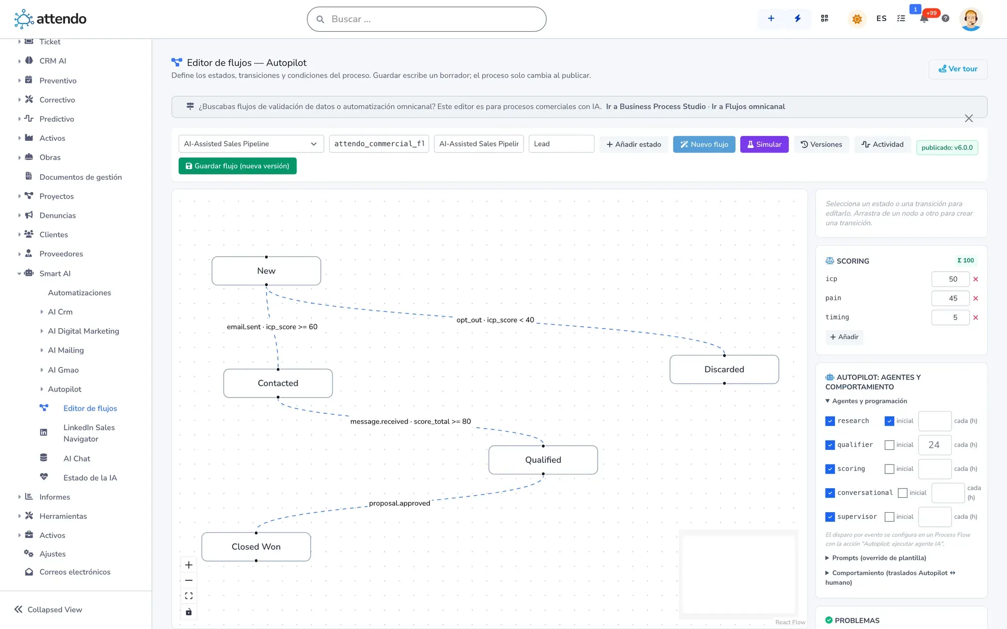 Editor visual de un proceso con sus estados, transiciones y condiciones