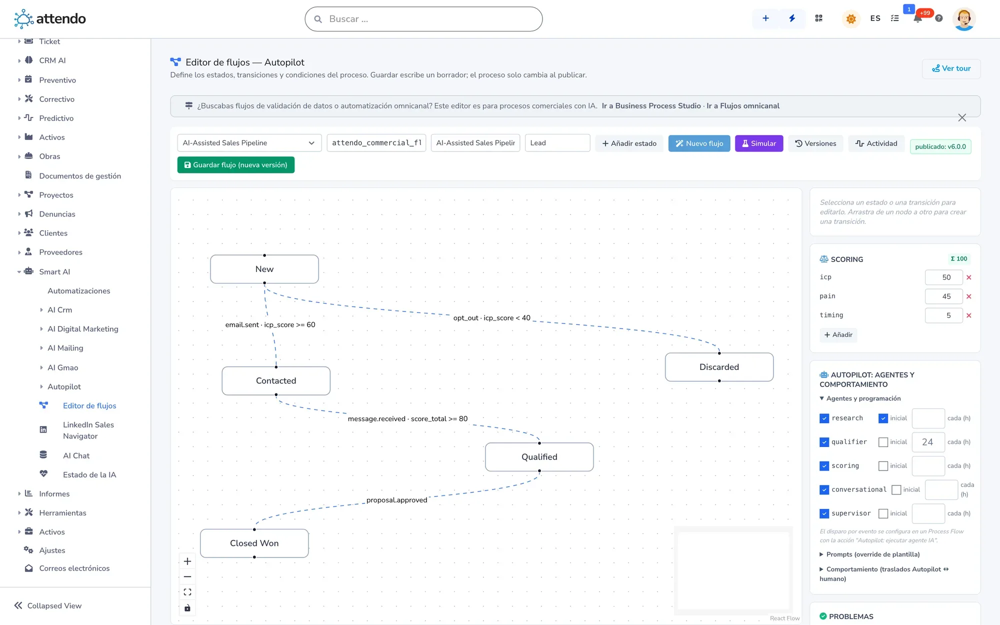 Editor visual de un proceso con sus estados, sus transiciones y sus condiciones
