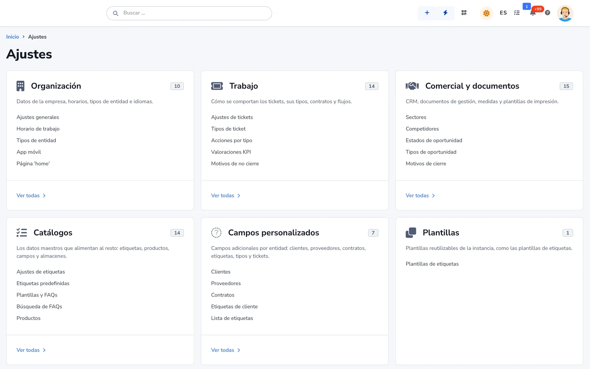 Settings screen with the organization, work, sales and documents, catalogs, custom fields and templates sections.