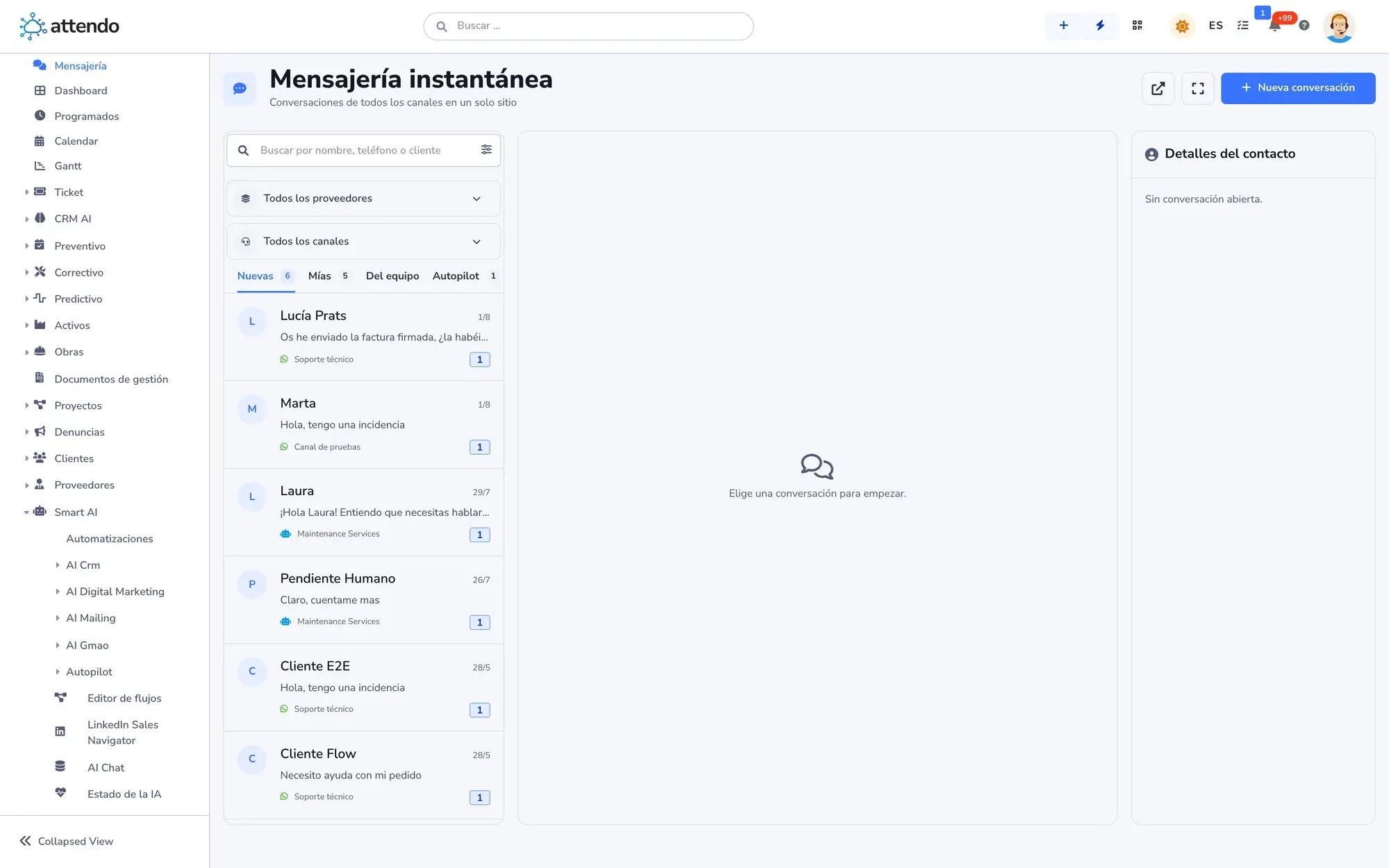 Bandeja de mensajería con las conversaciones de todos los canales en un solo sitio