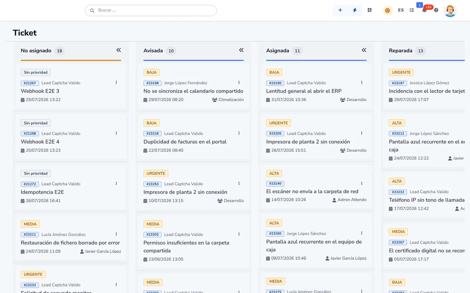 Tablero de avisos por estado con su prioridad y su plazo