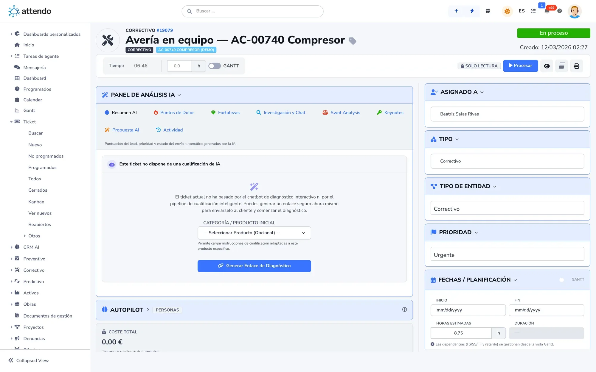 Document record with its type, priority, assignment and AI panel
